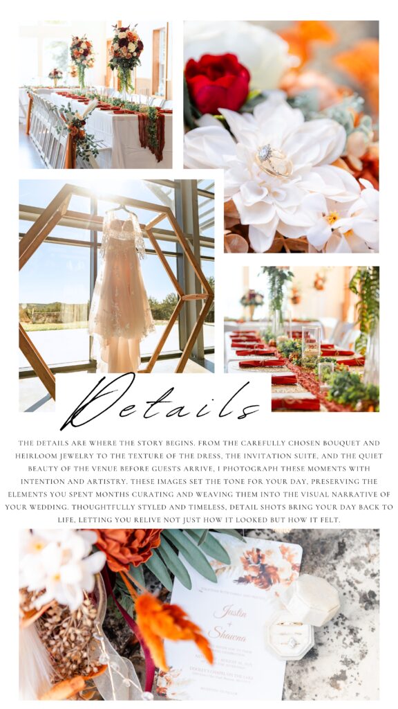 Wedding detail photos of dress ring and venue