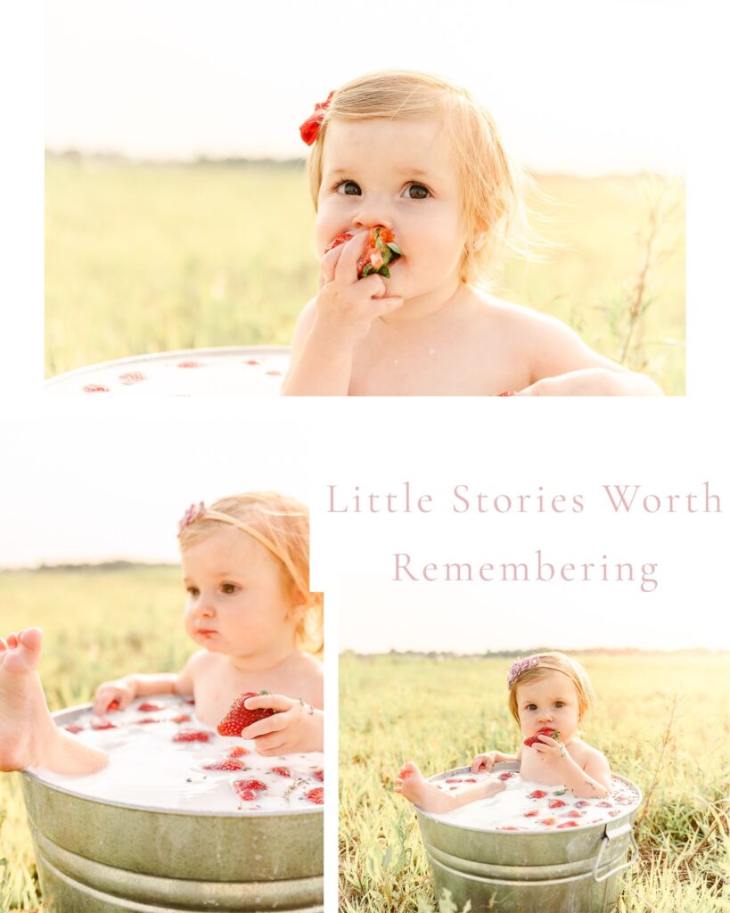 first birthday photo shoot in a tin bucket with strawberries